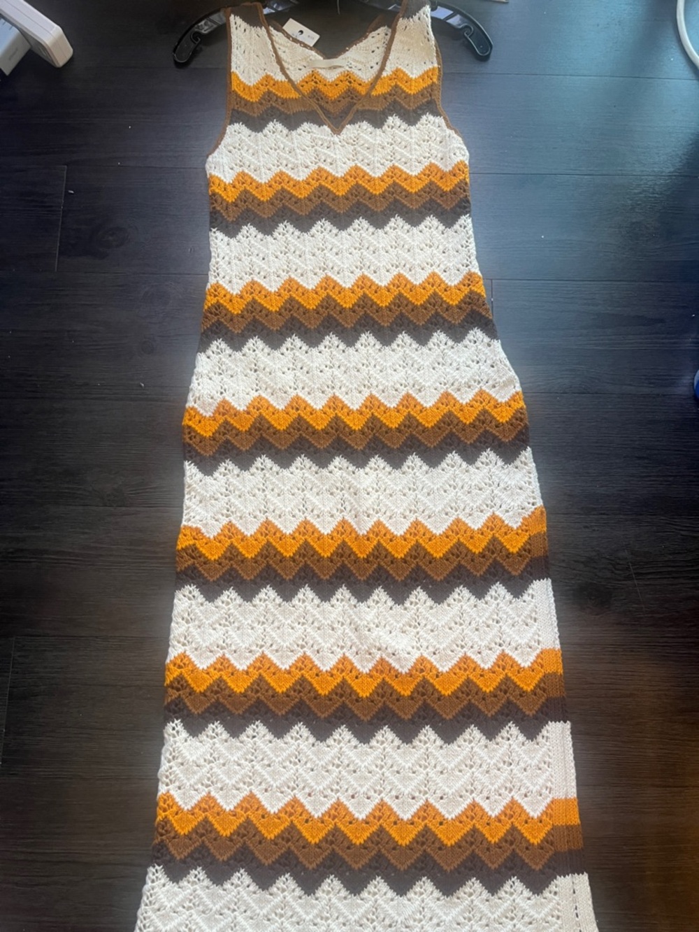 MOTHER Crochet Chevron Straight up Midi Dress in White, Mustard & Brown NEW